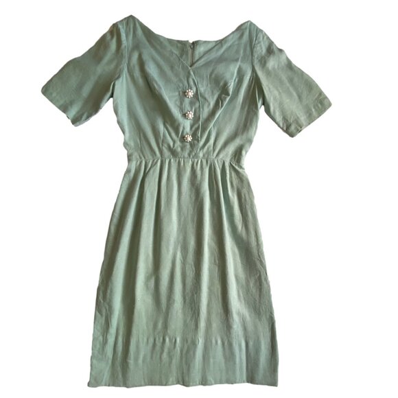 VINTAGE 1950s Mad Men Grease Shantung Mint Green Dress Flower Buttons S - Picture 1 of 15